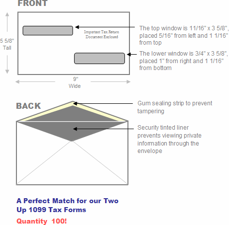 Two up 1099 Misc. & Retirement envelope (Qty. 100) - Part#  265-2