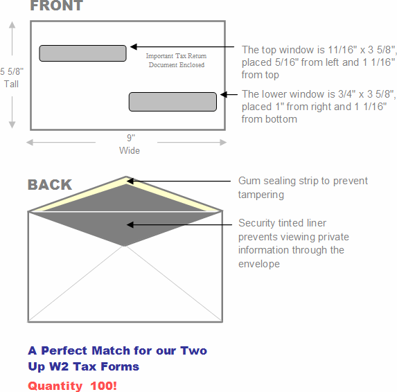 Two up W2 Envelope (Qty. 100) - Part#  263-2